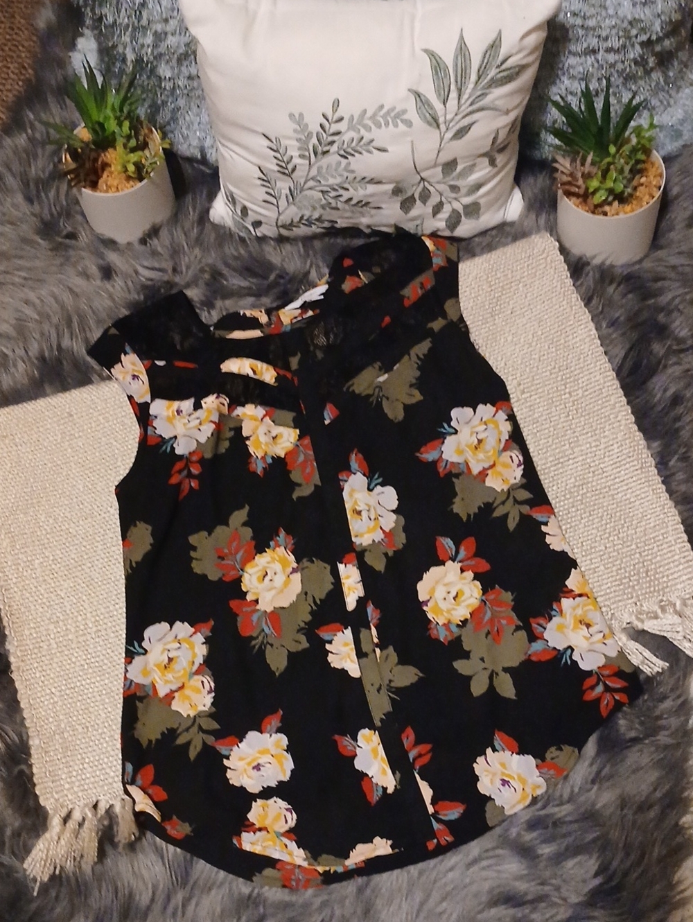 EUC Candie's Black Floral Lace-Trim Top with Yellow and Olive Accents